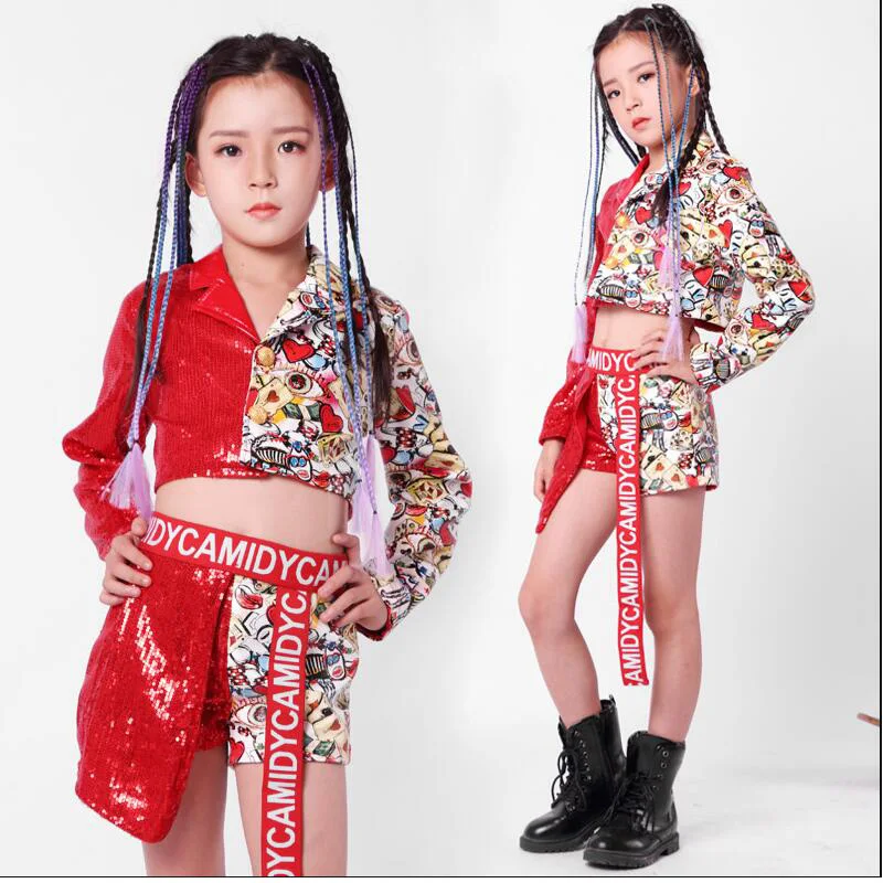 Kids Red Sequined Pants Jacket Coat Hip Hop Clothing Clothes Jazz Dance Costumes Suit Girls Stage wear Ballroom Dancing Outfits |