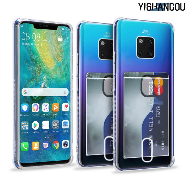 

YISHANGOU Card Slots Holder Phone Case For Huawei P20 Lite Mate20 Pro Transparent Clear Silicon Soft Cover For Huawei Mate10 Pro