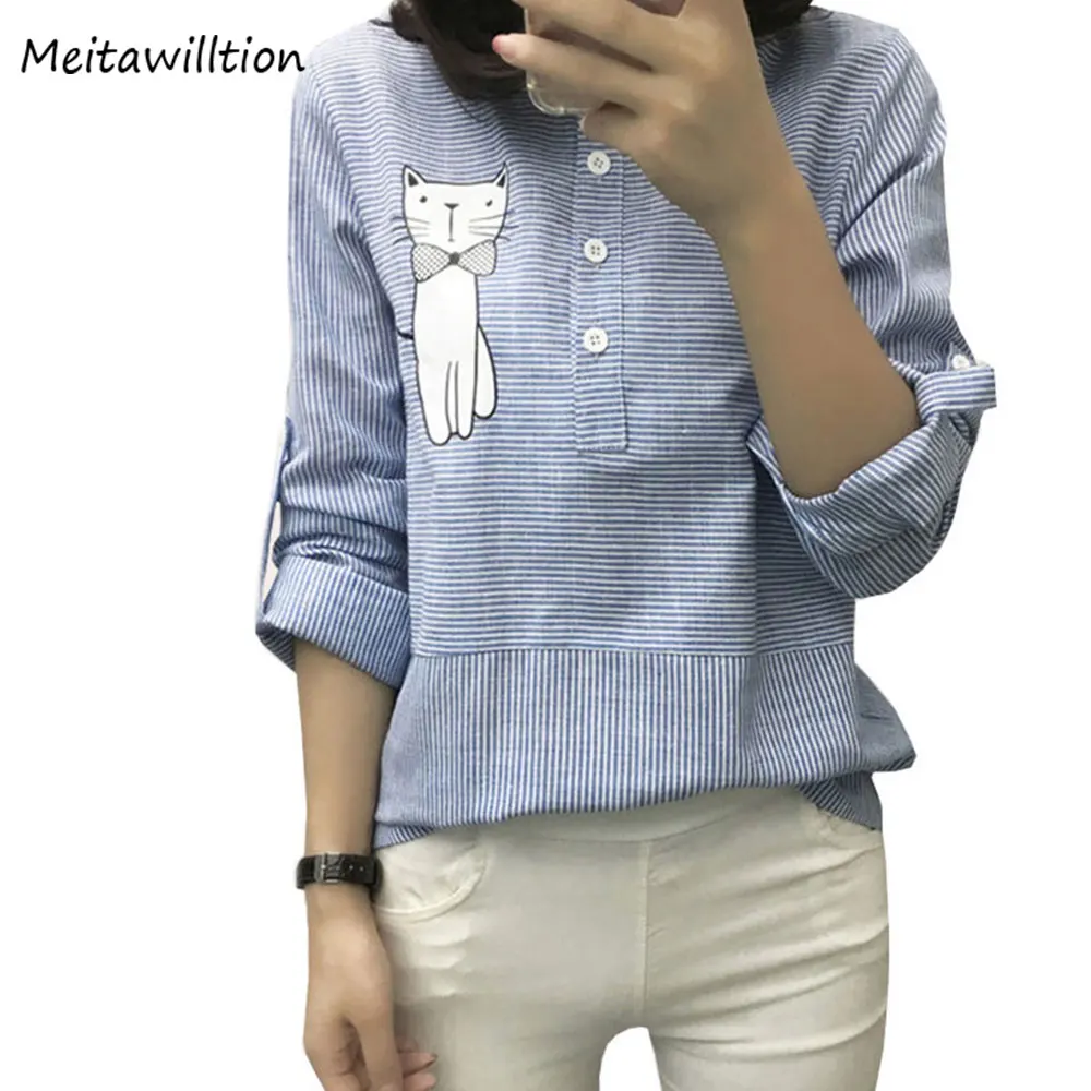 New 2019 Autumn Women Cat Embroidery Blouse Ladies Long Sleeve Striped Casual Blouses Korean O Neck Cotton Linen Female Tops
New 2019 Autumn Women Cat Embroidery Blouse Ladies Long Sleeve Striped Casual Blouses Korean O Neck Cotton Linen Female Tops