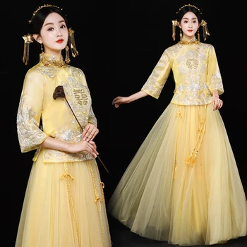 Yellow Novelty Marriage Suit Chinese Ancient Women Wedding Cheongsam Embroidery Qipao Floral Elegant Bride Mesh Dress Gown
Yellow Novelty Marriage Suit Chinese Ancient Women Wedding Cheongsam Embroidery Qipao Floral Elegant Bride Mesh Dress Gown