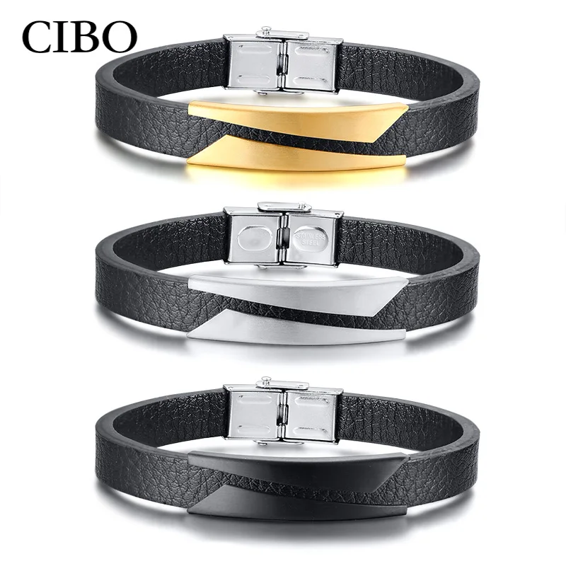 Fashion Men's Black Leather Bracelet Silver Gold and Black Tone Cutting Line Label Stainless Steel Pulse Fashion Jewelry
Fashion Men's Black Leather Bracelet Silver Gold and Black Tone Cutting Line Label Stainless Steel Pulse Fashion Jewelry