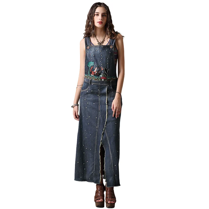 Women Summer Denim Dress 2018 Ladies Boho Sleeveless Split Suspender Ethic Vintage Floral embroidery Long Dresses
Women Summer Denim Dress 2018 Ladies Boho Sleeveless Split Suspender Ethic Vintage Floral embroidery Long Dresses