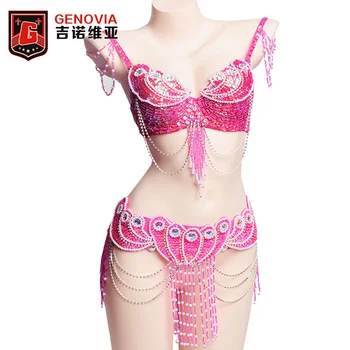 

Women Belly Dance Costume 2 Pieces Set Eastern Oriental Beaded Bellydance Top Bra Belt Carnival Tribal Dancing Clothes Outfits