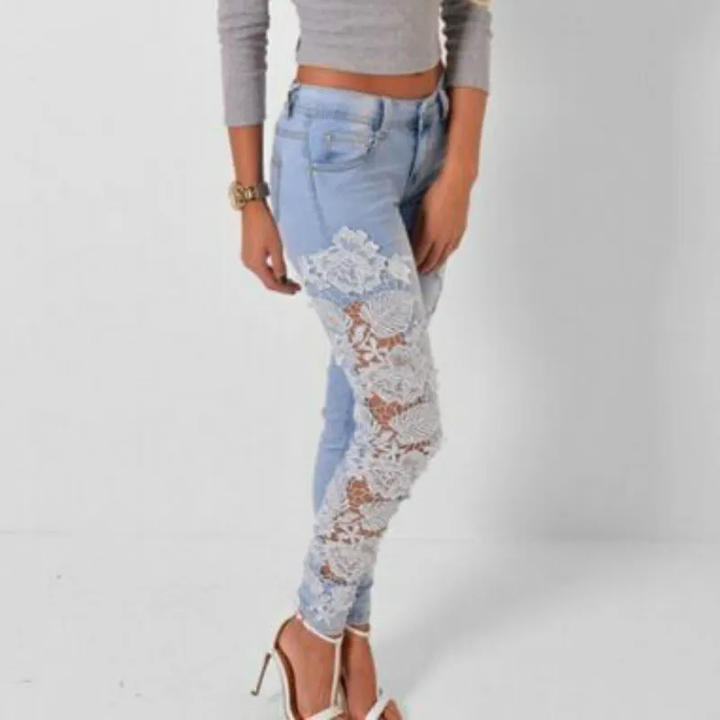 2018 New Sexy Women's Denim Light Blue Skinny Jeans Crochet Lace Party Pants With Chain boyfriend jeans for women
2018 New Sexy Women's Denim Light Blue Skinny Jeans Crochet Lace Party Pants With Chain boyfriend jeans for women