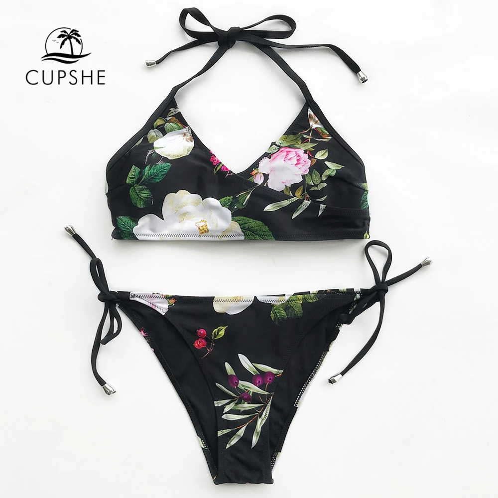 

CUPSHE Flora Print Halter Bikini Set Women Sexy Cross Thong Bikini Two Pieces Swimwear 2018 Tied Beach Bathing Suits Swimsuits