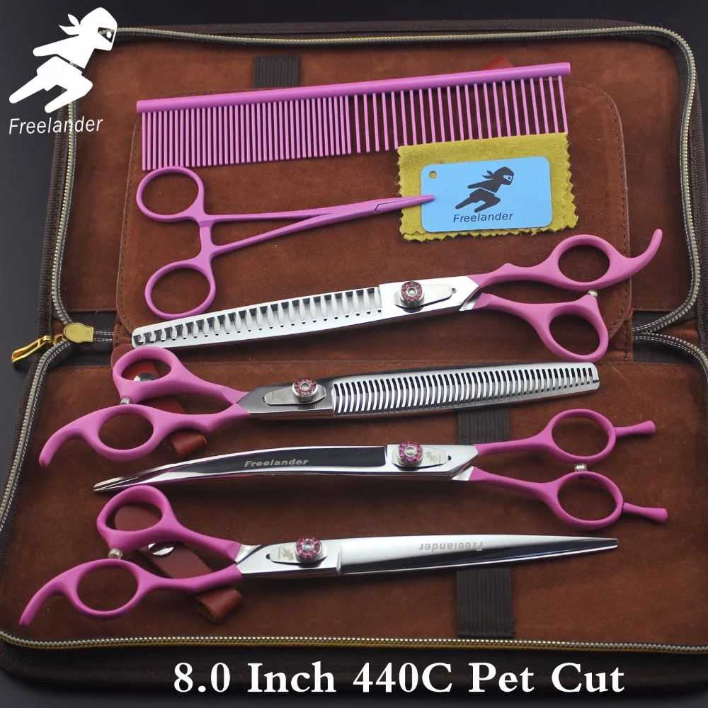 8 "440C Professional pet grooming kit, direct and thinning scissors and curved pieces 4 pieces. Pink handle scissors set
8 "440C Professional pet grooming kit, direct and thinning scissors and curved pieces 4 pieces. Pink handle scissors set