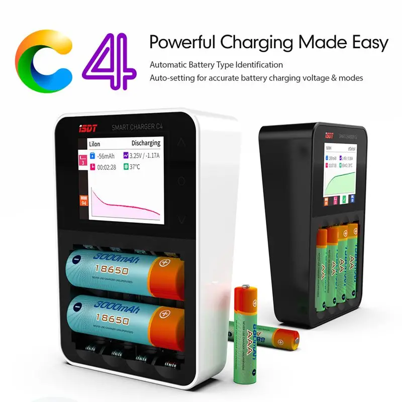 ISDT C4 8A Touch Screen Smart Battery Charger With USB Output For 18650 26650 AA AAA Battery
ISDT C4 8A Touch Screen Smart Battery Charger With USB Output For 18650 26650 AA AAA Battery