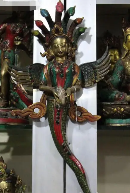 20"Nepal Turquoise Coral Gem 5-Heads Snake Naga Kanya Buddha Wall Handing Statue