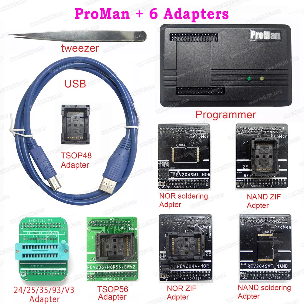 ProMan USB Universal Programmer Repair Tool Copy NAND FLASH Programmer With 6 Adapters
ProMan USB Universal Programmer Repair Tool Copy NAND FLASH Programmer With 6 Adapters