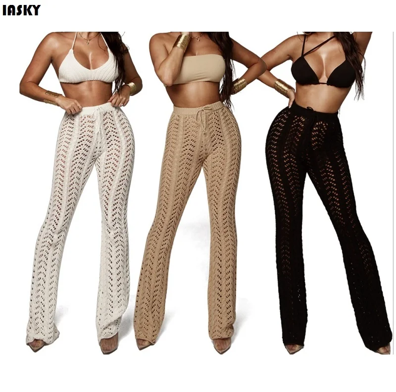 

IASKY New crochet hollow out beach long pants trousers 2018 see through bikini swimsuit cover ups bathing suit cover up