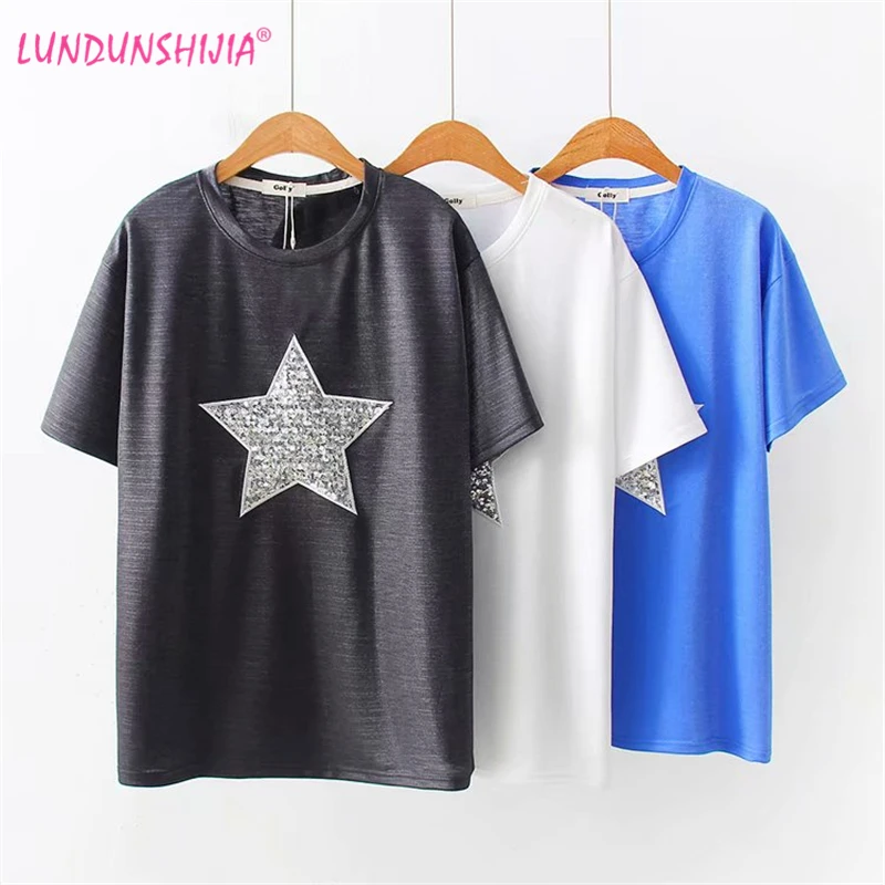 LUNDUNSHIJIA Sliver Sequin Stars Embroidery T-shirts Women 2019 Fashion Summer Women O-neck Short Sleeve Loose Female T-shirt
LUNDUNSHIJIA Sliver Sequin Stars Embroidery T-shirts Women 2019 Fashion Summer Women O-neck Short Sleeve Loose Female T-shirt