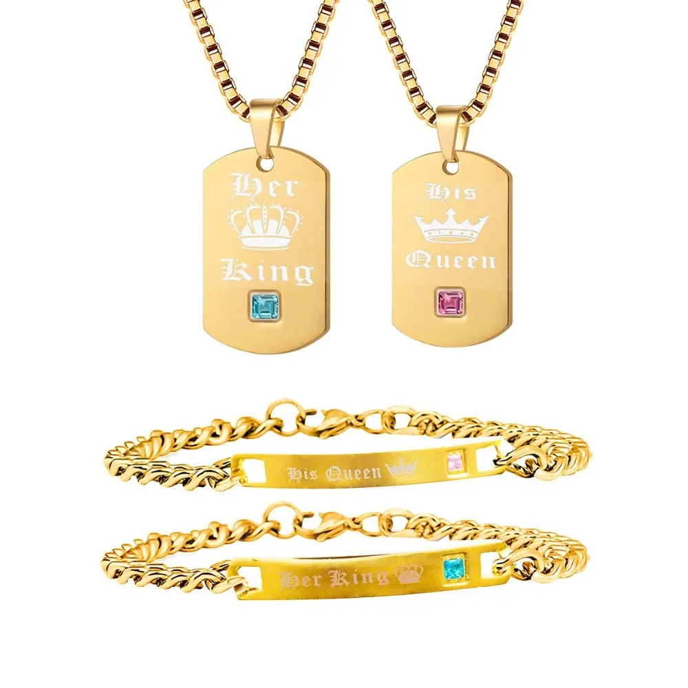 Uloveido Gold Color His Queen Her King Titanium Necklaces & Bracelets Matching Couples Cuban Link Chain Jewelry Set SN124
Uloveido Gold Color His Queen Her King Titanium Necklaces & Bracelets Matching Couples Cuban Link Chain Jewelry Set SN124
