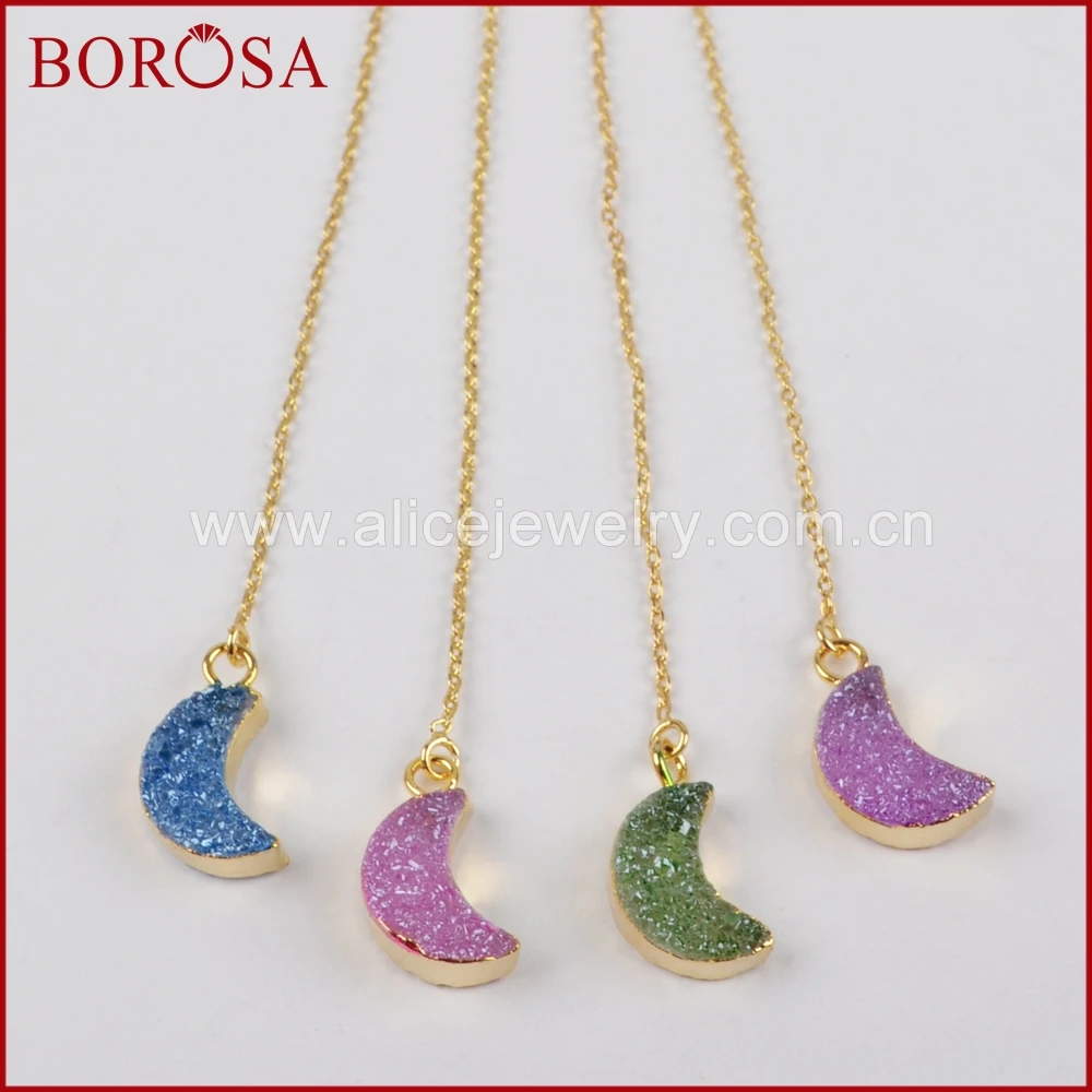 BOROSA Gold Color Crescent Charm Drusy Drop Earrings Moon Shape Druzy Rainbow Quartz Stone Threader G1387 | Украшения и
