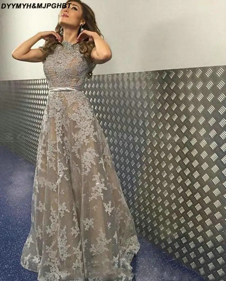 Sexy 2017 Cheap Women Jewel Neck Evening wear Dresses Short Sleeves Gray Lace Appliques Beaded Tulle Plus Size Cheap Party Prom Gowns_