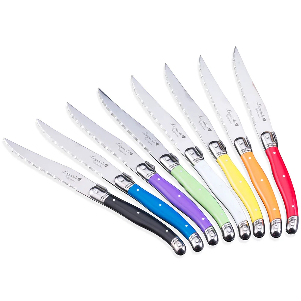 6pcs Stainless steel Laguiole style Steak Knives Rainbow Knife Multi Color Dinnerware Christmas Gift Kitchen Cutlery Bar 9''
6pcs Stainless steel Laguiole style Steak Knives Rainbow Knife Multi Color Dinnerware Christmas Gift Kitchen Cutlery Bar 9''