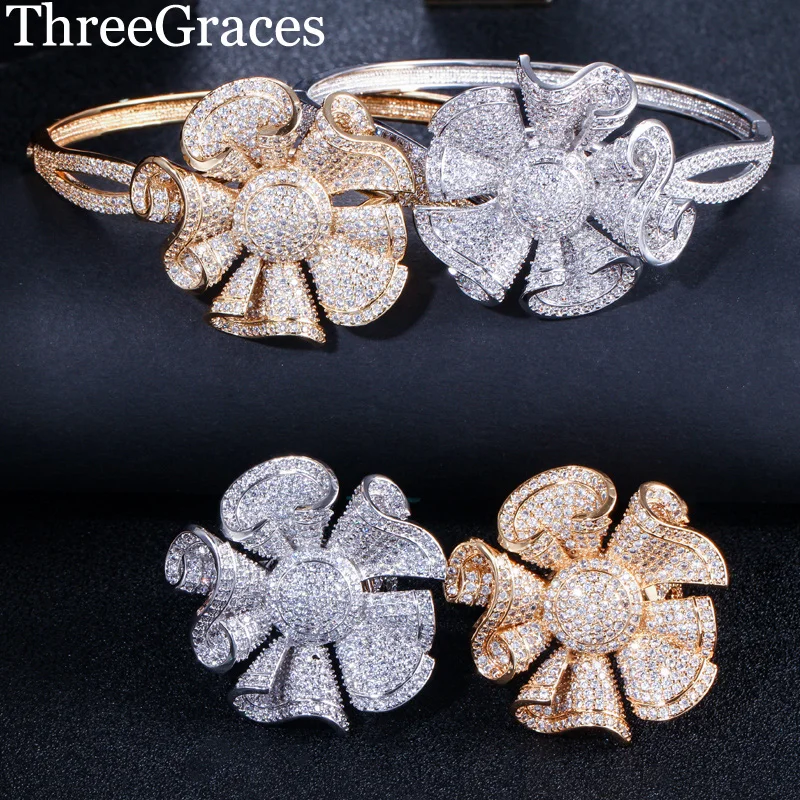 ThreeGraces Dubai Gold Color Big Geometric Flower Shape CZ Bangle Ring Set Wedding Jewelry for Women Dancing Party JS061
ThreeGraces Dubai Gold Color Big Geometric Flower Shape CZ Bangle Ring Set Wedding Jewelry for Women Dancing Party JS061