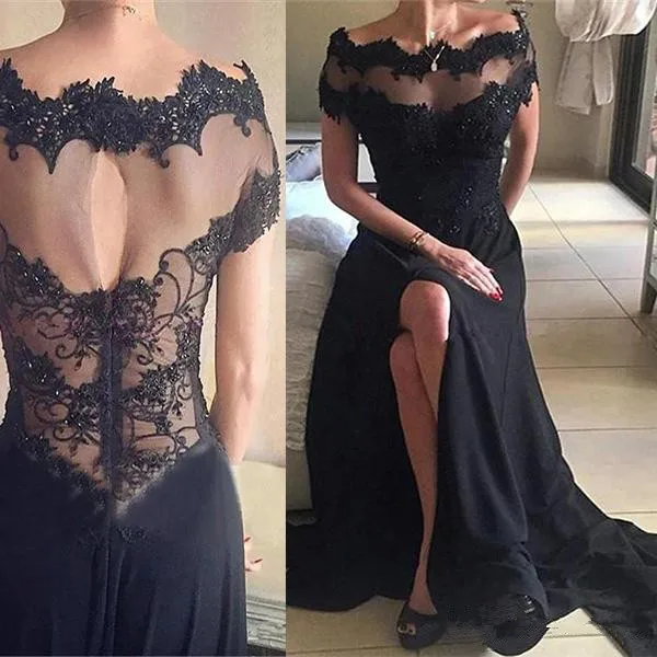 2019 Black Lace Mother of the Bride Dresses Off the Shhoulder Sheer Neck Short Sleeves Front Split Women Formal evening Dress
2019 Black Lace Mother of the Bride Dresses Off the Shhoulder Sheer Neck Short Sleeves Front Split Women Formal evening Dress