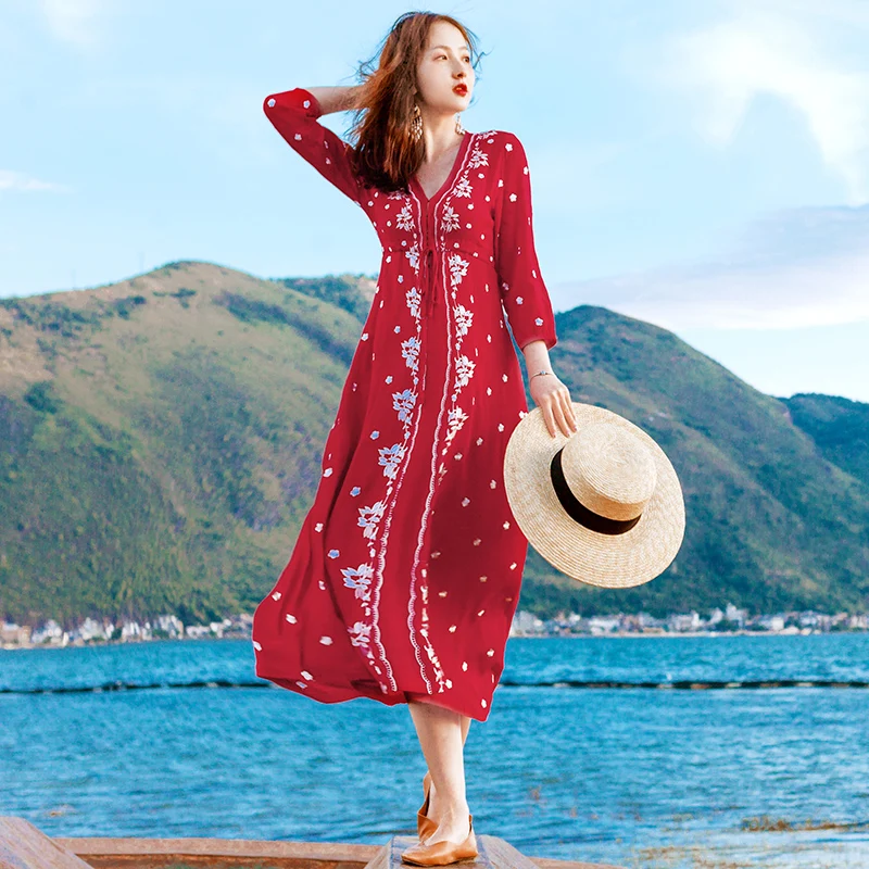 Women Retro Embroidery Floral Long Boho Red Vacation Dress Beach Elegant Fairy Black Dress Female Vintage Ethnic Sea Dress New
Women Retro Embroidery Floral Long Boho Red Vacation Dress Beach Elegant Fairy Black Dress Female Vintage Ethnic Sea Dress New