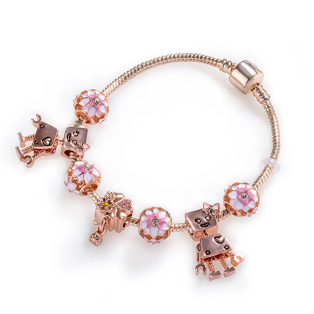 2019 New Fashion Sweet Cute DIY Pink Cherry Blossoms Beads Cartoon Robots Rose Gold Snake Chain Bracelet Bangles For Women
2019 New Fashion Sweet Cute DIY Pink Cherry Blossoms Beads Cartoon Robots Rose Gold Snake Chain Bracelet Bangles For Women