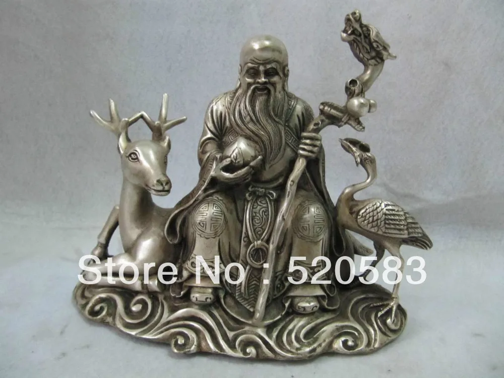 bronze silver plating the god of longevity with crane on deer statue