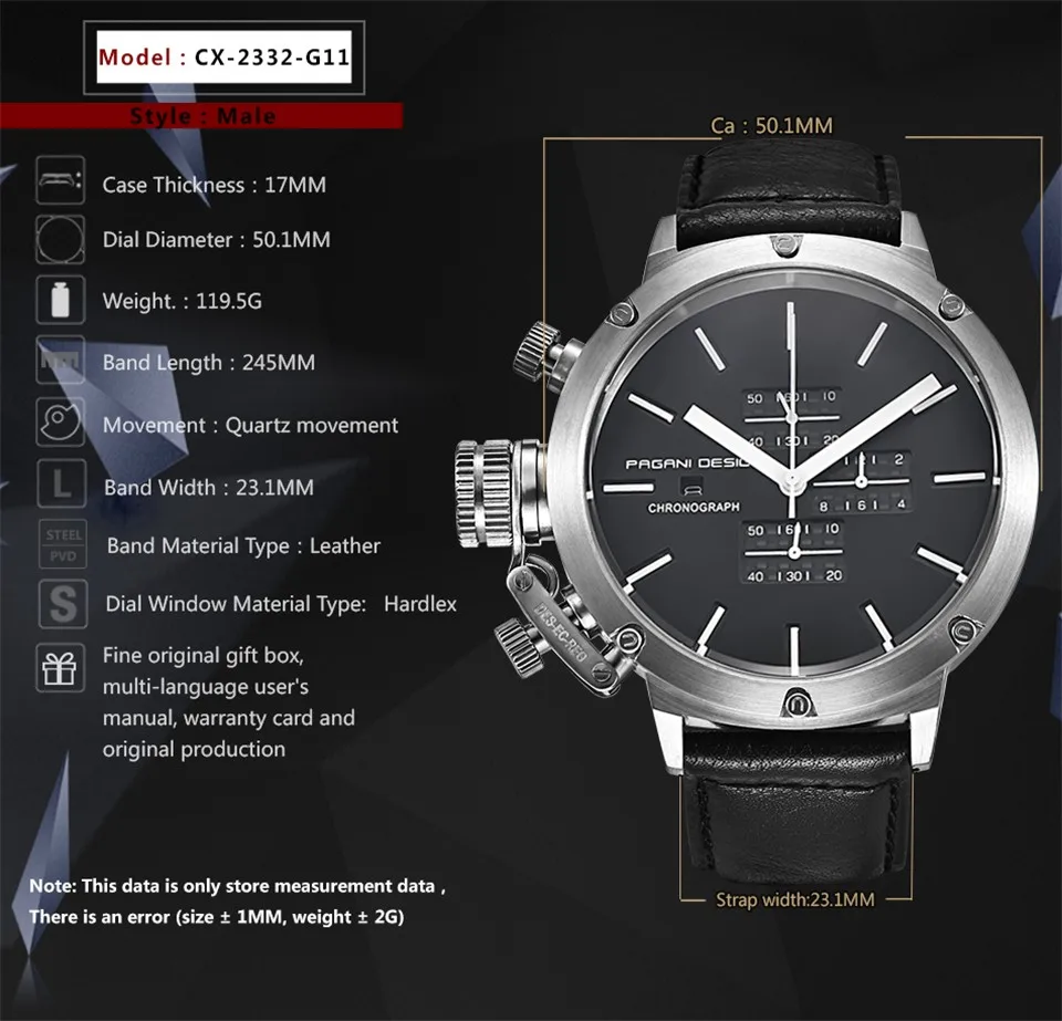 Pagani Black Military Chronograph Watch