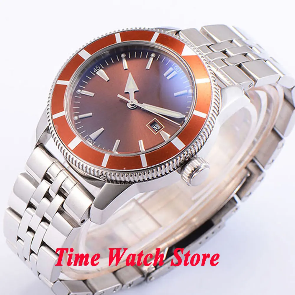 

Bliger 46mm brown sterial dial date brown bezel luminous Stainless steel band deployant clasp Automatic men's watch BL89