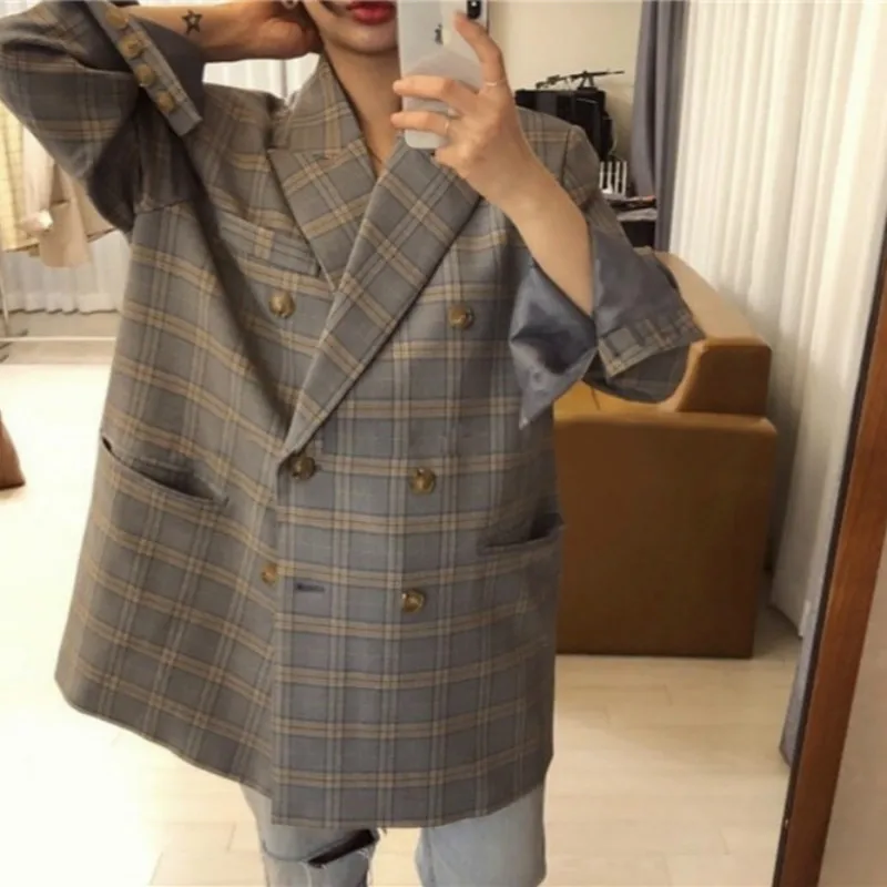 Women Spring Autumn Plaid Blazer Notched Double Breasted Pockets Jackets Coat Female Vintage Suits Loose Plus Size Veste Femme
Women Spring Autumn Plaid Blazer Notched Double Breasted Pockets Jackets Coat Female Vintage Suits Loose Plus Size Veste Femme