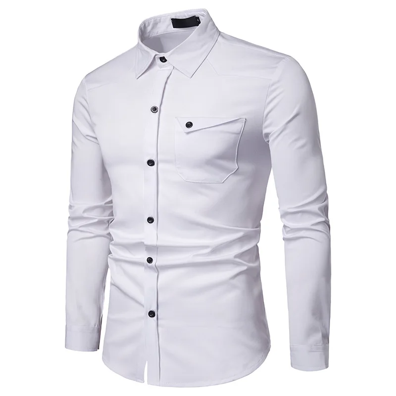 1.1 New Fashion Men Shirt Turn-down Collar Leisure Cotton Long Sleeve Solid Solid Single Breasted Slim Office Work Shirt