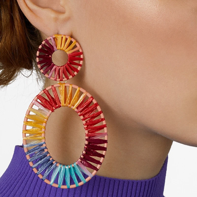 

AY 2019 Summer New Rainbow Ombre Color Block Big Heart Shape Raffia Earring Straw Statement Geometric Earrings Bijoux for Women