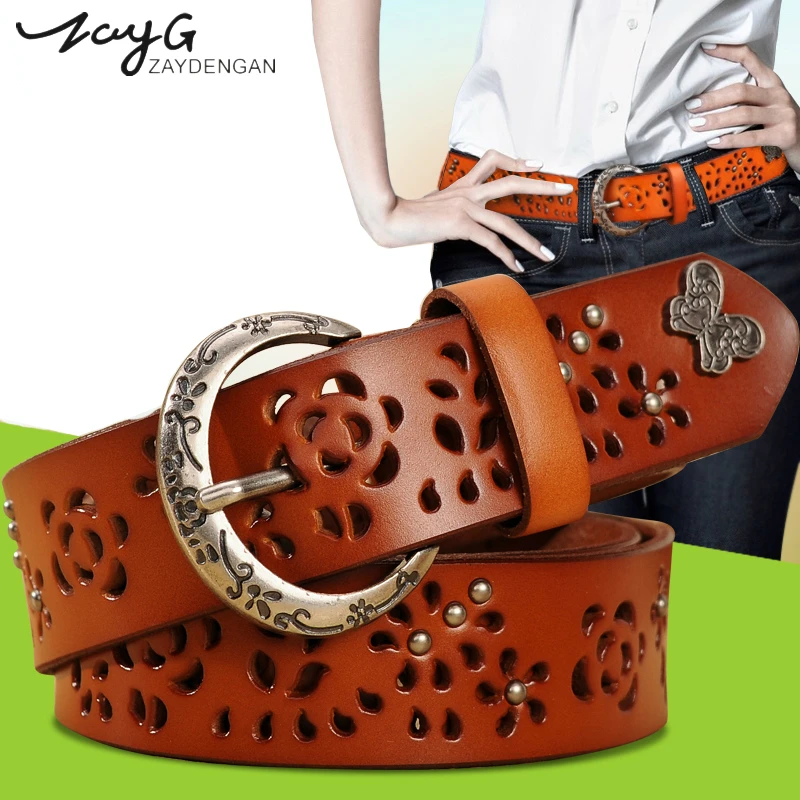 ZAY Unique Vintage Pin Buckle Genuine Leather Women Belt for Dress Butterfly rivet Flower hollow Leather Strap Female Waist Belt
ZAY Unique Vintage Pin Buckle Genuine Leather Women Belt for Dress Butterfly rivet Flower hollow Leather Strap Female Waist Belt