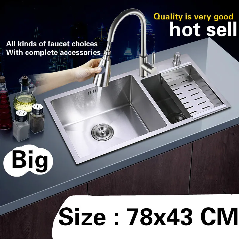 

Free shipping hand made stainless steel household big kitchen sink thickening double groove hot sell 78x43 CM