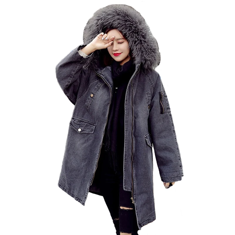 Winter denim coat women 2019 new Quilted cotton Thicken warm trench coat Wool big fur collar Hooded jeans coats female Plus size
Winter denim coat women 2019 new Quilted cotton Thicken warm trench coat Wool big fur collar Hooded jeans coats female Plus size