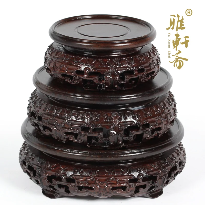 

H Gallery] mahogany crafts stone base Zhai round carved wood base black Catalpol set three only