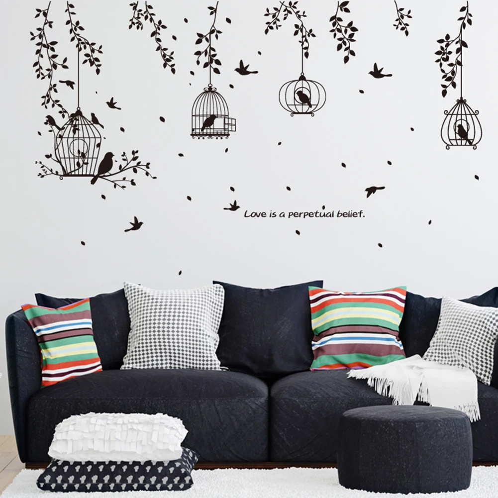 Black birds cage leaves quote wall sticker