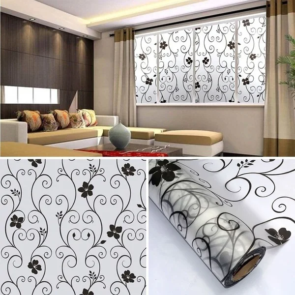 

Sweet Frosted Privacy Cover Glass Window Door Black Flower Sticker Film Adhesive Home Decor HFing