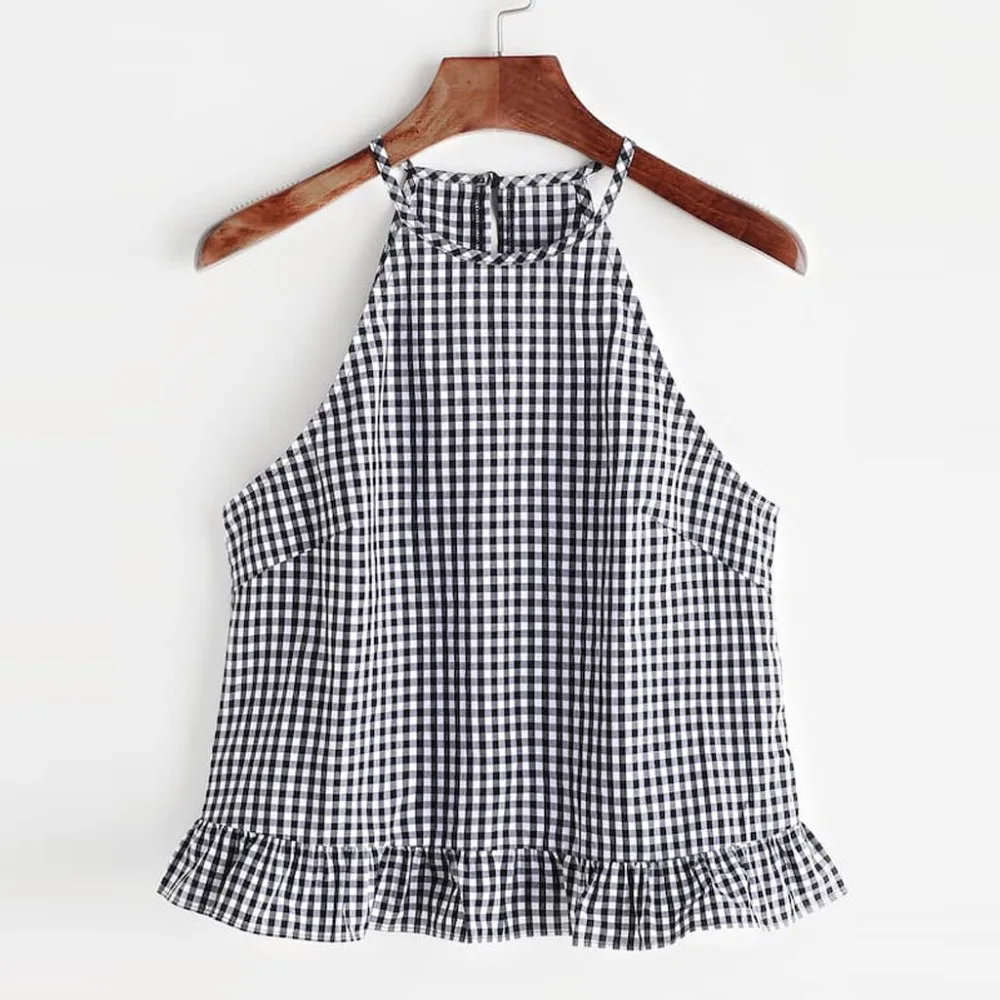 

Fashion Women Tank Tops Black and White Gingham Buttoned Keyhole Back Vest Frill Halter Tops 2019 Summer Women Vacation Vest HH4