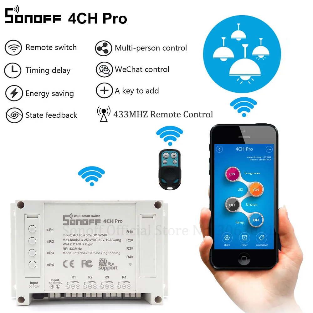 Sonoff 4CH Pro Smart Home RF Wifi Light Switch 4 Gang 3 Working Modes Inching Interlock Self-Locking Wifi Switch Work With Alexa
Sonoff 4CH Pro Smart Home RF Wifi Light Switch 4 Gang 3 Working Modes Inching Interlock Self-Locking Wifi Switch Work With Alexa