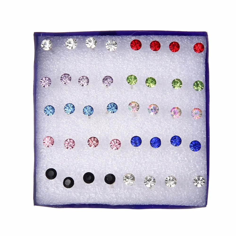 

20 pairs/set Colorful Crystal Stud Earrings Set For Women Jewelry Rhinestones Piercing Earrings kit Pack lots Bijouteria brincos