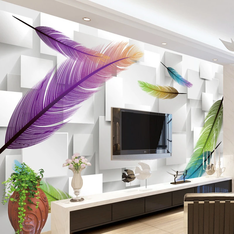 Custom Photo Wallpaper 3D Stereoscopic Square Box Lattice Fashion Feather Modern Living Room TV Background Wall Mural | Обустройство