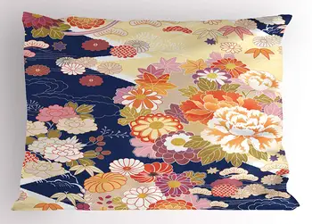 

Japanese Pillow Sham Traditional Kimono Motifs Composition Asian Ethnic Floral Patterns Vintage Artwork Decorative Standard King