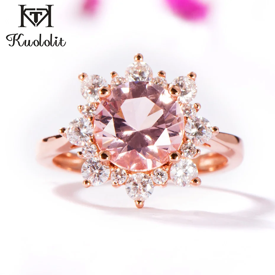 

Kuololit Morganite Gemstone Rings for Women 925 Sterling Silver Round Cut Stone Rose Gold Ring Wedding Engagement Fine Jewelry