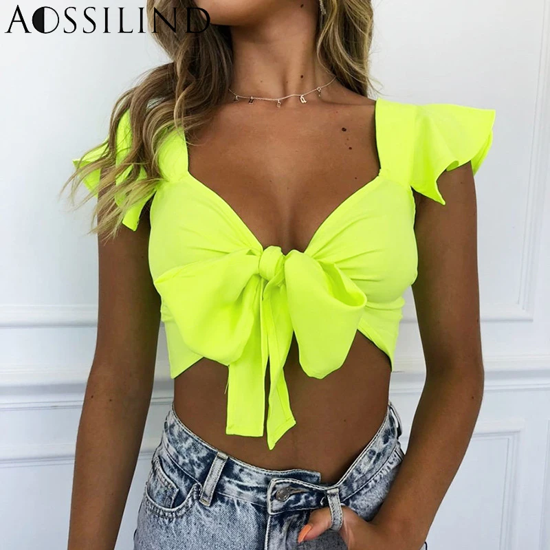 AOSSILIND Ruffles bow tie v neck women summer crop top fashion backless neon yellow casual cropped t shirt tops
AOSSILIND Ruffles bow tie v neck women summer crop top fashion backless neon yellow casual cropped t shirt tops