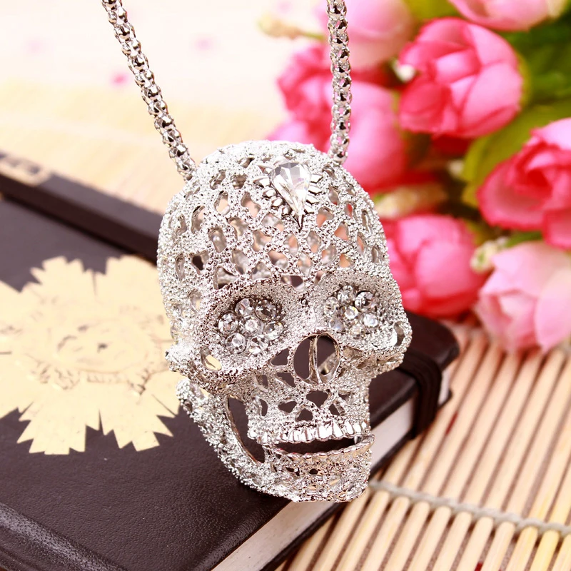 

CNANIYA brands jewelry silver color suger skull long necklaces & pendants steampunk Mexico skeleton long necklace collier kolye