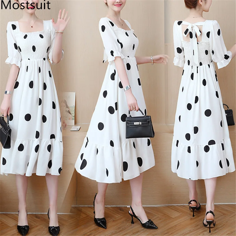Black White Summer Chiffon Plus Size Dot Print Long Dress Women Short Sleeve Square Neck Elegant Korean A-line Vestidos Dresses
Black White Summer Chiffon Plus Size Dot Print Long Dress Women Short Sleeve Square Neck Elegant Korean A-line Vestidos Dresses