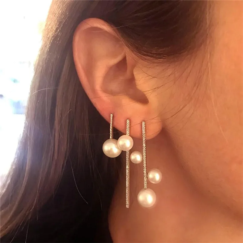 2018 Trendry Earrings for Women 3PCS Geometric Round Pearl Unsymmetrical Ear Nail Ornament Jewellery for gift Brincos J11#N (6)