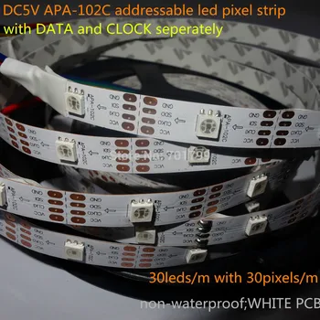 5M DC5V APA-102C addressable led pixel strip;30leds/m with 30pixels/m;WHITE PCB;non-waterproof
5M DC5V APA-102C addressable led pixel strip;30leds/m with 30pixels/m;WHITE PCB;non-waterproof