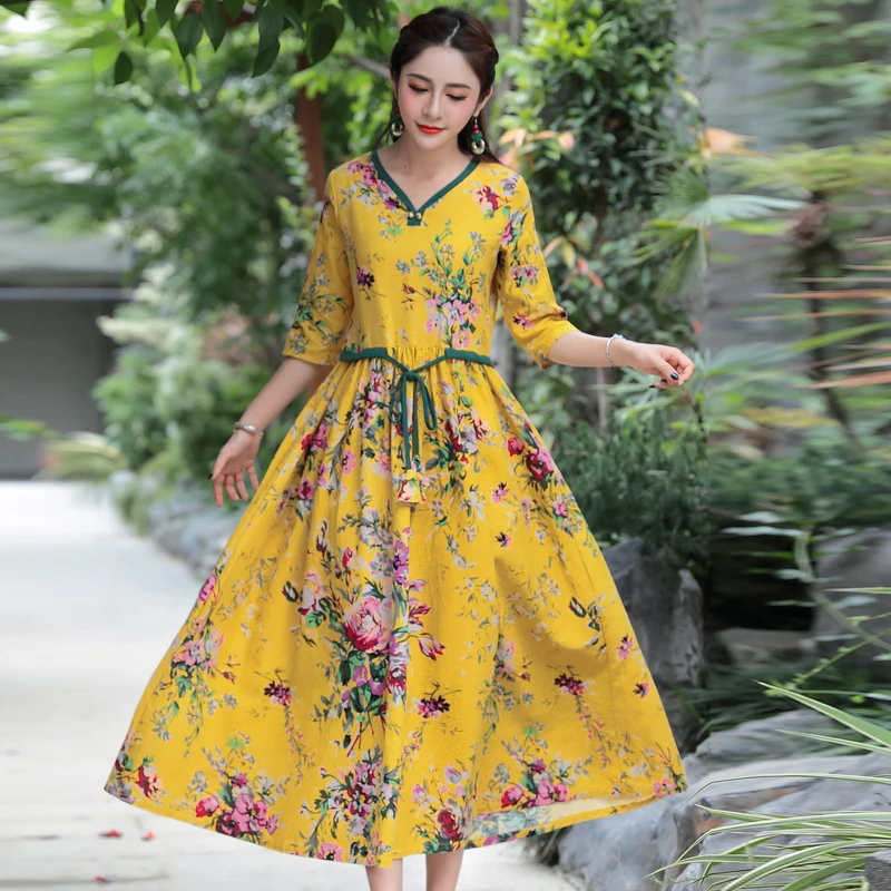 Women Vintage Floral Print V-Neck High Waist Dresses Vestidos Loose Half Sleeve Cotton Linen Summer Dress
Women Vintage Floral Print V-Neck High Waist Dresses Vestidos Loose Half Sleeve Cotton Linen Summer Dress