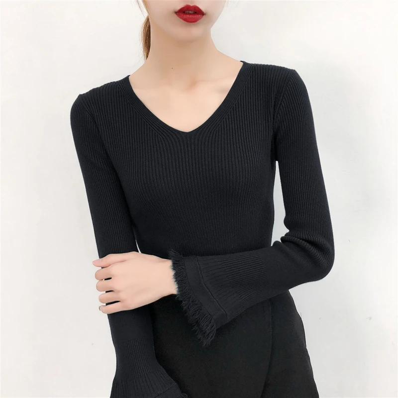 Black Sweater Women's Fashion V-neck Base Pullover Set Warm Winter Natural Fabric Soft High Quality Free Shipping | Женская одежда