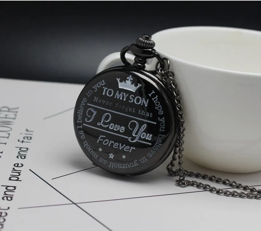 "To MY SON" Laser Word Black Retro Pocket Watch Men Unique Quartz Clock Chain Boy Birthday Christmas Gift for Kids Boy Men
"To MY SON" Laser Word Black Retro Pocket Watch Men Unique Quartz Clock Chain Boy Birthday Christmas Gift for Kids Boy Men