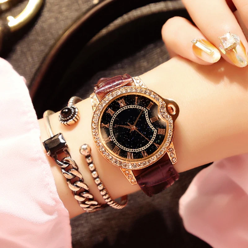 Fashion New Women Water Resistance Diamonds Bracelet Watch Ladies Starry Dial Quartz Clock Wristwatch Casual Leather Watch 
Fashion New Women Water Resistance Diamonds Bracelet Watch Ladies Starry Dial Quartz Clock Wristwatch Casual Leather Watch